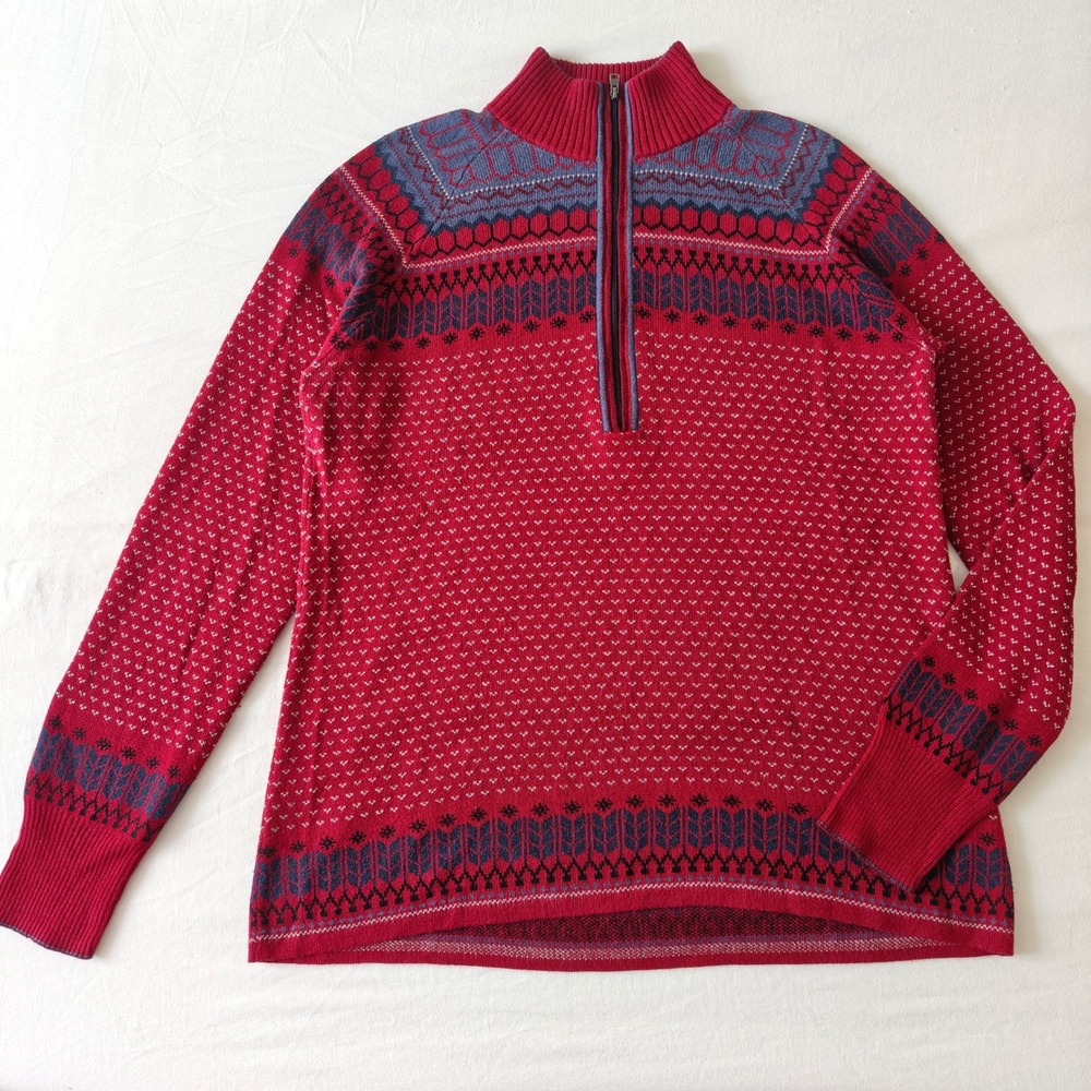 Eddie Bauer Sweater Mens Medium Red Fair Isle Quarter Zip Nordic Pullover Knit